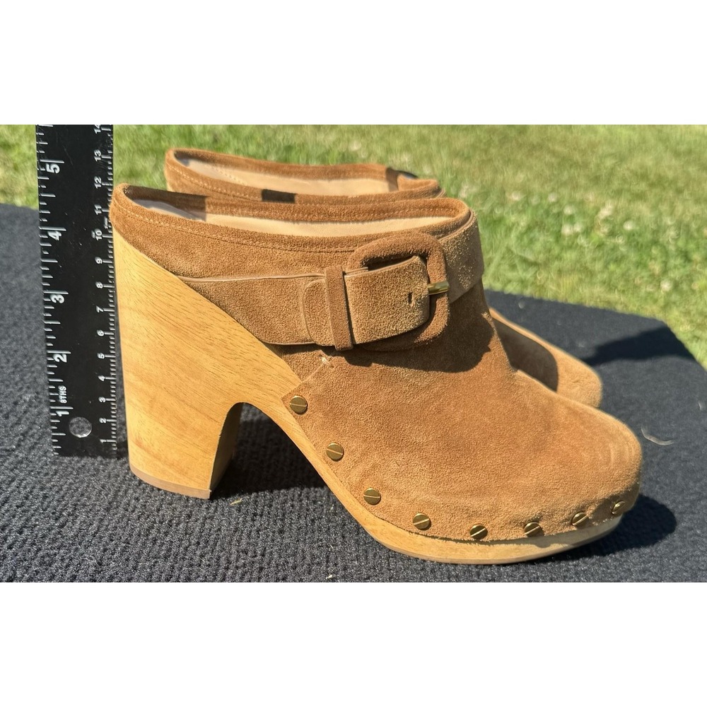 Veronica Beard Dacey Suede Wooden Clog Mule Camel Brown Studded Buckle Heel 8.5M - Picture 9 of 13